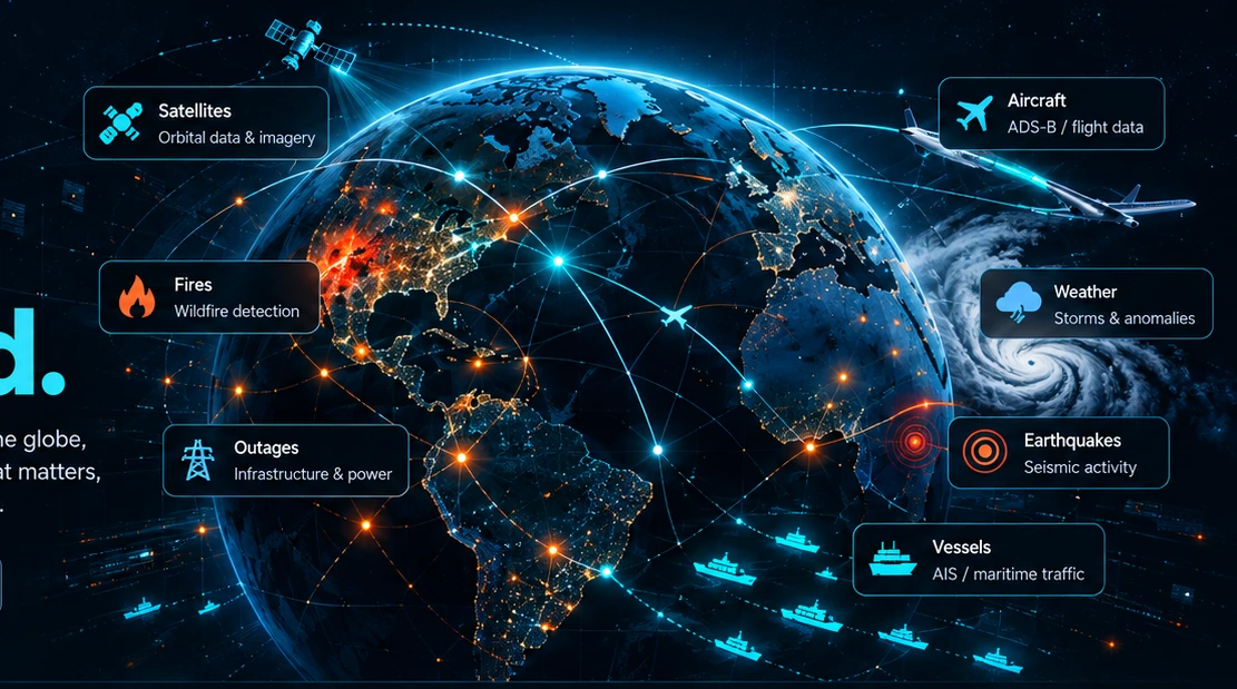Illustration of an interconnected globe linking satellites, aircraft, weather, vessels and global signals